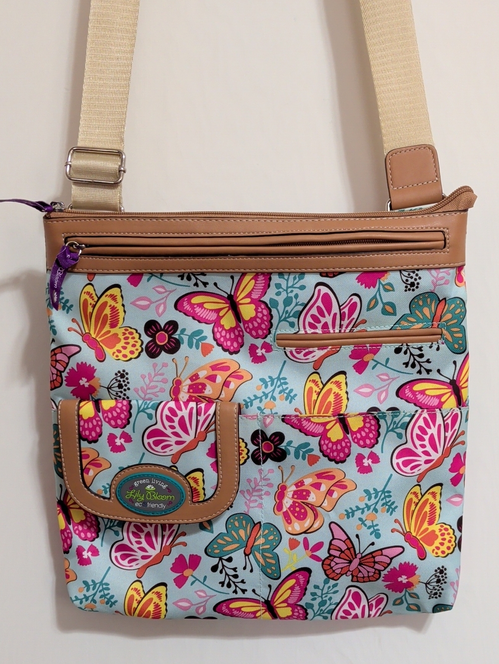 Lily Bloom Butterfly Print Crossbody Bag in Aqua Multi with Tan Trim EUC